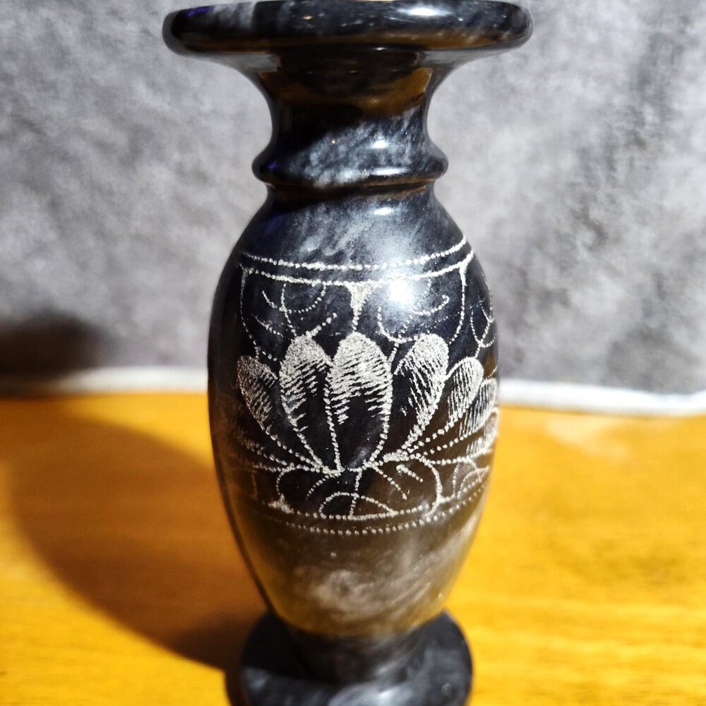 Hand-Carved Black Marble Stone Flower Vase with Etched Floral Design. SHIPS FREE